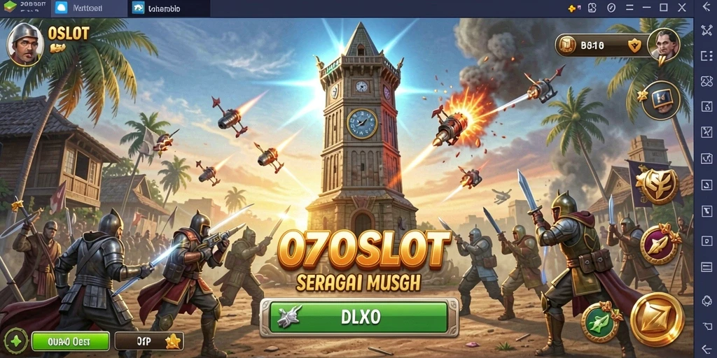 Screenshot gameplay <strong>070SLOT</strong> menampilkan menara bertahan melawan serangan musuh.