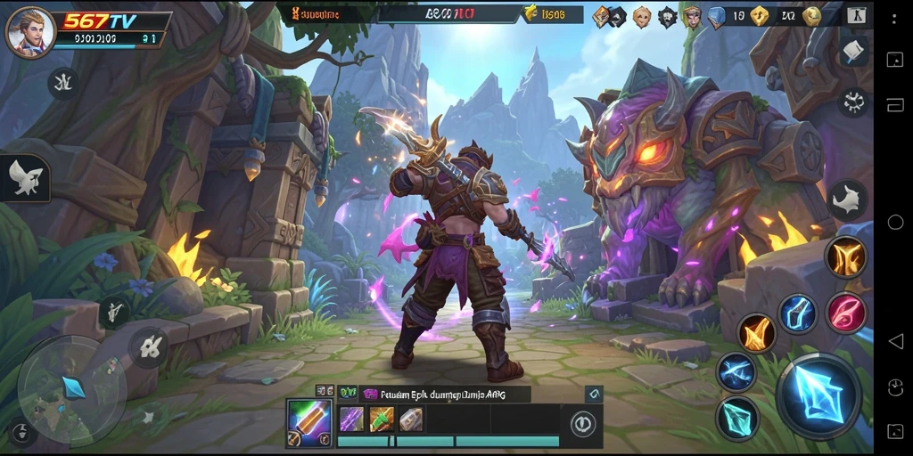 Screenshot gameplay 567TV yang menampilkan karakter bertarung di dunia fantasi.