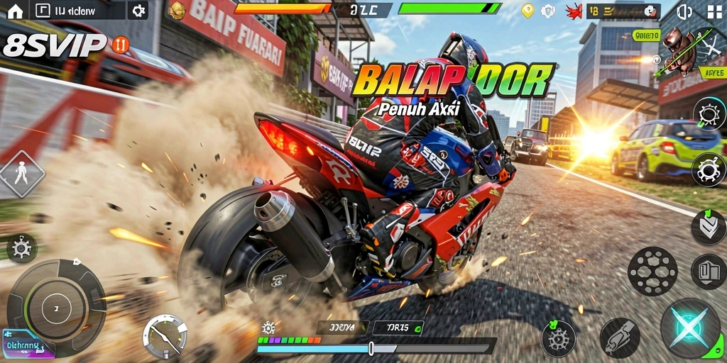 Tampilan gameplay 8SVIP dengan motor balap yang cepat.
