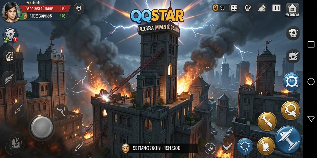 Tampilan gameplay QQSTAR yang menarik di level menara pertahanan.