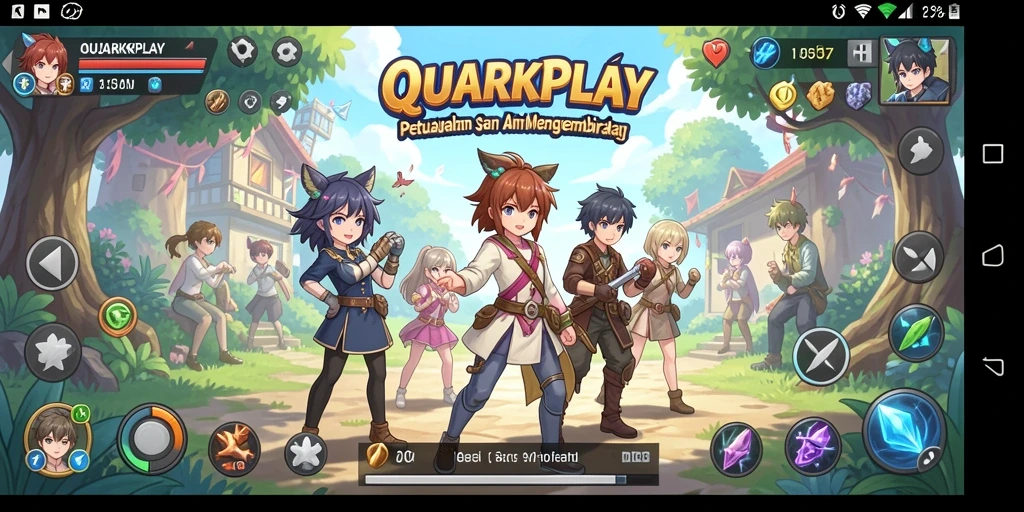 Screenshot gameplay QUARKPLAY yang penuh warna dengan karakter anime.