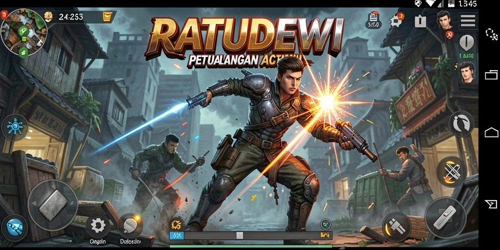 Screenshot utama menampilkan karakter beraksi dalam pertempuran seru di RATUDEWI.