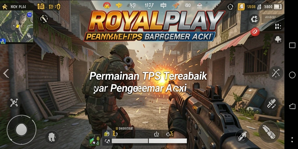 Screenshot gameplay ROYALPLAY menampilkan aksi seru dalam pertempuran TPS.