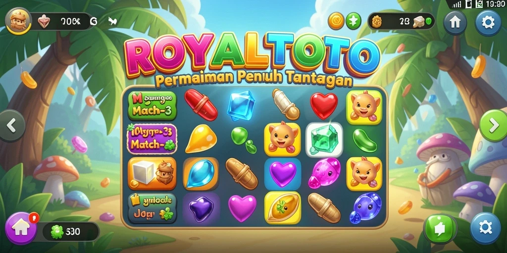 Tangkapan layar utama gameplay ROYALTOTO yang menunjukkan keseruan permainan Match-3.
