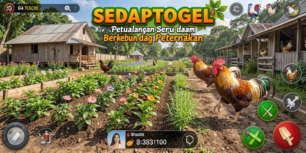 Screenshot gameplay SEDAPTOGEL, menampilkan kebun yang subur dan hewan ternak.