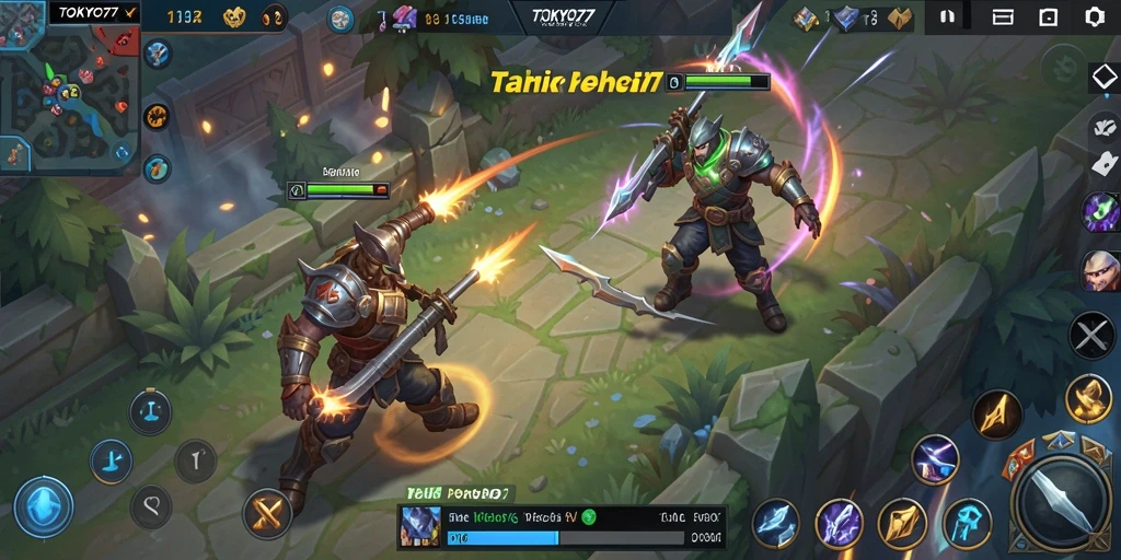 Screenshot gameplay TOKYO77 menampilkan pertarungan seru di arena MOBA.